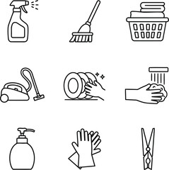 Cleanliness icons set household chores hygiene tools home care hygiene objects vector