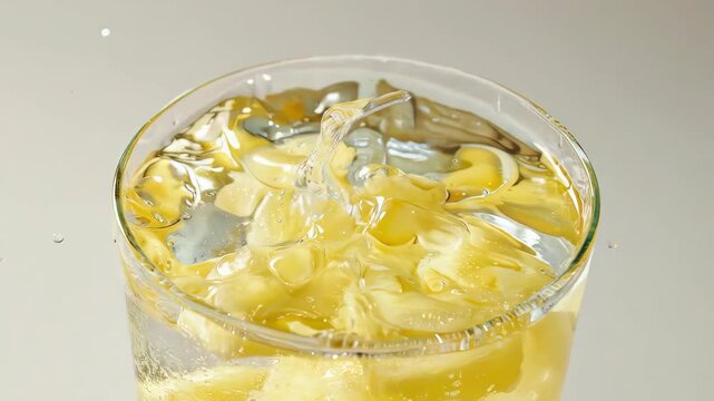 A closeup of a water splash with pineapple chunks in a glass