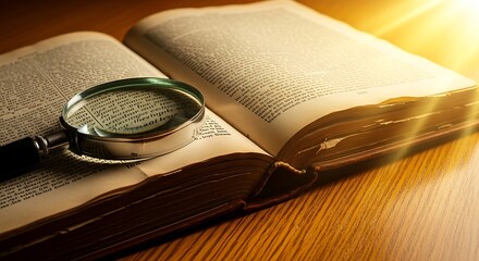 A magnifying glass rests on an open book, illuminating the text and inviting exploration of knowledge and wisdom within its pages