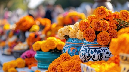 Close-up of vibrant orange marigold flowers in decorative vases, arranged on a table outdoors during the day.