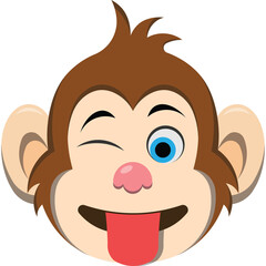 Winking Monkey Face With Blue Eyes Pink Nose and Red Tongue Sticking Out on Transparent Background