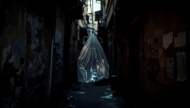 Eerie old alleyway with a hanging plastic bag