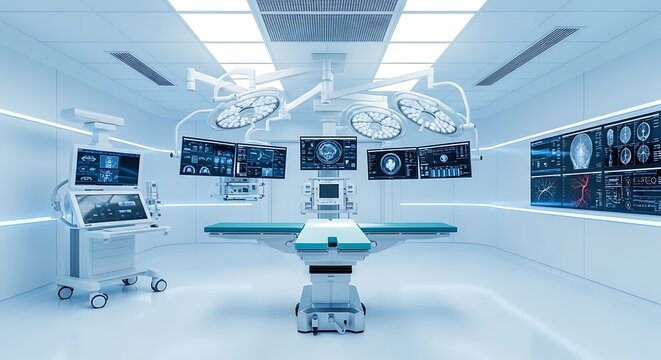 A modern operating room is equipped with advanced technology, representing healthcare, surgery, and medical innovation for patient care and treatment