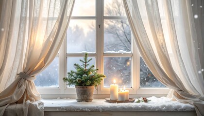 Cozy Winter Windowsill with Candles and Mini Christmas Tree at Sunset