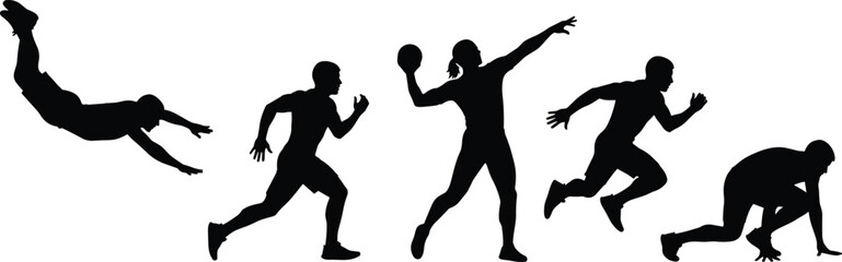 Dynamic athlete silhouette vector illustration showing diverse sports actions including diving, sprinting, throwing, running, and starting positions for fitness, 
