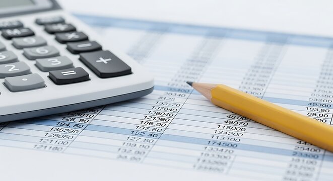 Calculator, pencil, and financial statement isolated on white background, representing accounting, finance, and business calculations