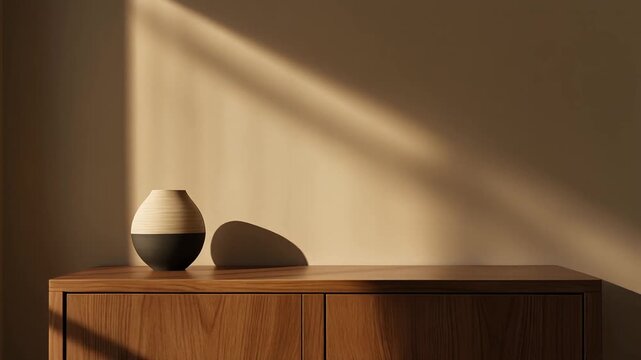 A twotoned vase sits on a wooden dresser with light casting shadows