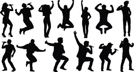 Dynamic silhouettes of singing and dancing performers in energetic concert poses, expressive movement vector illustration ideal for music events, entertainment design, and creative artistic concepts