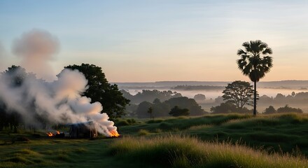 A serene landscape with a distant fire, smoke rising amidst trees and fields under a soft sky, evoking a sense of tranquility and concern