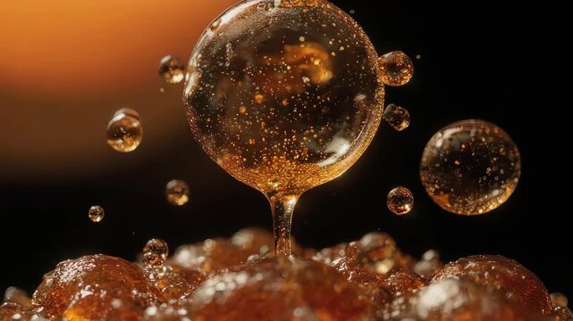 Amber liquid bubbles and droplets suspended in air over viscous substance