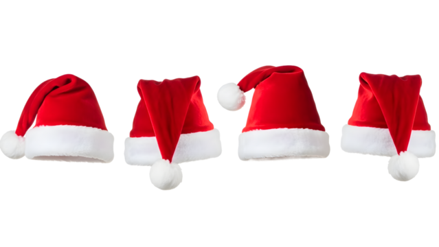 Festive Santa hats on isolated background bring holiday cheer to Christmas celebrations and seasonal events