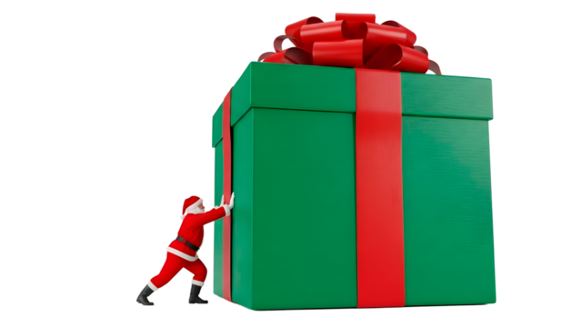 Santa pushing giant Christmas gift, festive cheer for holiday celebrations, joy spread isolated background - Powered by Adobe