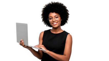 African woman working with laptop, smiling with confidence isolated background