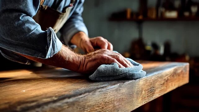 Medium shot of a craftsman manually polishing a scratched surface with a soft cloth focusing on detailed scratch repair and surface restoration.