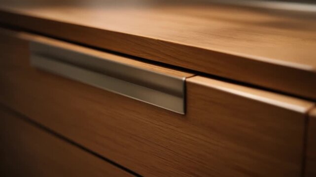 Closeup of a sleek metal drawer pull on a wooden cabinet