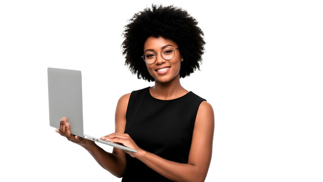 African woman working with laptop, smiling with confidence isolated background