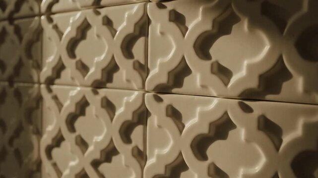 Closeup of embossed white tiles with geometric patterns