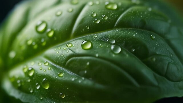 Closeup of green leaf surface covered in water droplets