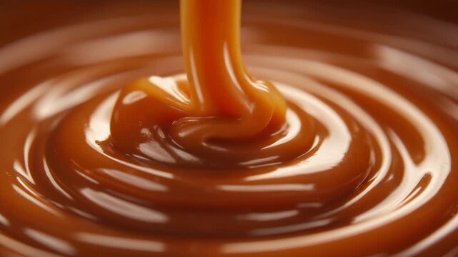 Closeup of thick glossy caramel being poured into a swirling pool