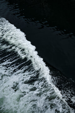 
Rough Ocean Waves From Ship Deck With Wooden Rail And Green Non-slip 