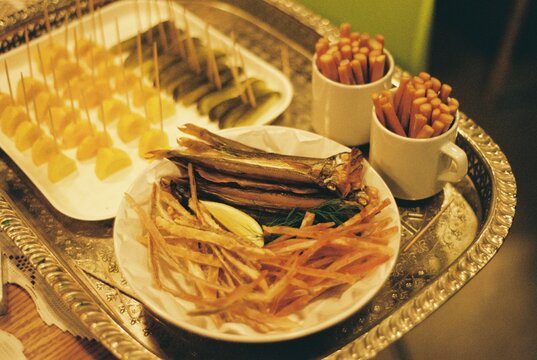 Retro Snack Platter with Fish and Pickles on 35mm Film