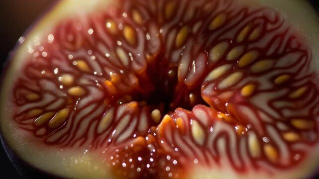 Extreme closeup of a sliced fig revealing its intricate seed and flesh pattern