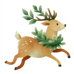Obraz premium Adorable Deer Illustration with Green Foliage and Antlers