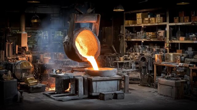 Nighttime scene showcasing copper ingot pouring under artificial light with molten metal illuminating the dark atmospheric industrial environment.