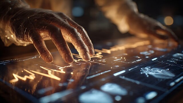 Futuristic glowing hands interact with complex digital interface displaying vital signs and data streams in dynamic light