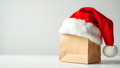 A festive red and white Santa hat drapes over the corner of a plain brown paper gift bag, set against a softly white blurred background, created with generative ai