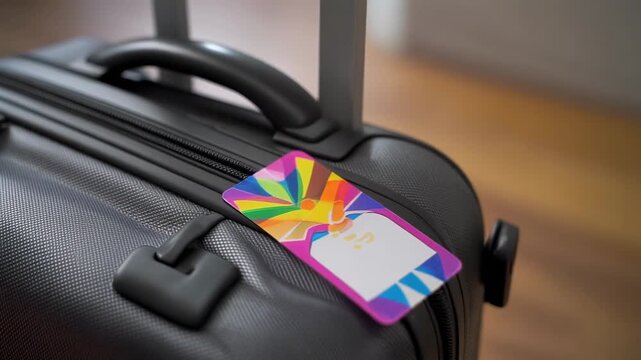 Close-up of a black hard-shell suitcase with a vibrant, colorful luggage tag attached to its handle, ready for travel.