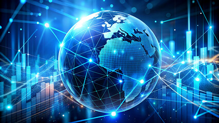 Obraz premium Global network connection with digital lines and world map abstract technology background for data communication and business glowing blue design