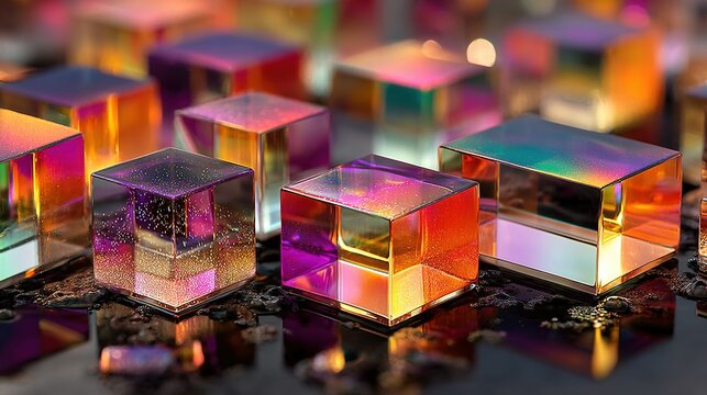 Iridescent bismuth cubes showing rainbow colors on a dark surface.