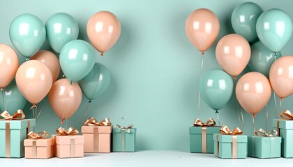 Soft pastel birthday celebration background with mint green and peach balloons and gifts
