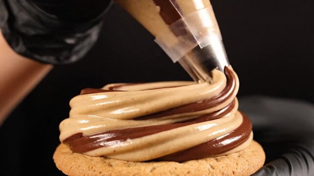 Swirl of peanut butter and chocolate frosting piped onto a cookie