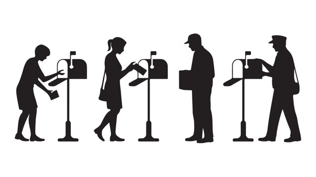 Silhouettes of people checking mailboxes vector illustration of postal service isolated on white background