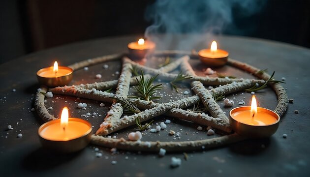 Pentagram with tealights, suitable for seasonal rituals, Yule, created with generative ai