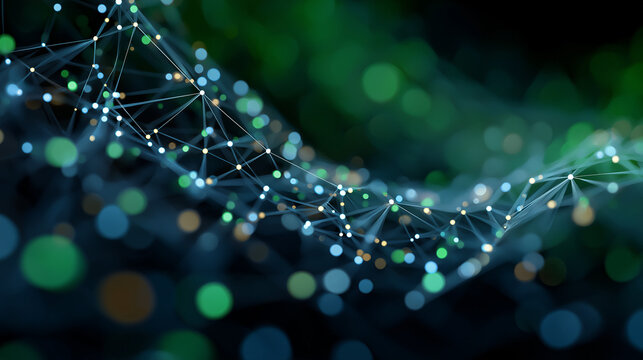 Network's Embrace: An abstract digital network, rendered in interconnected lines and nodes, flowing gracefully against a backdrop of soft bokeh, symbolizing connectivity and data flow.