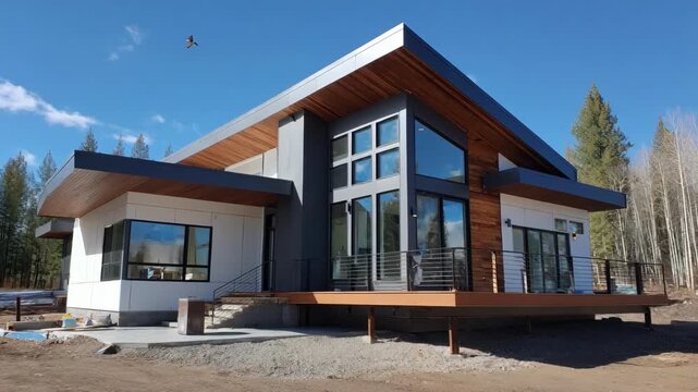 Modern passive netzero home featuring large southfacing windows and thick insulation designed to maximize natural heat and light.