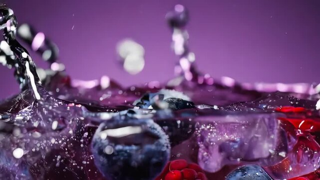 Water splash with blueberries and raspberries purple background