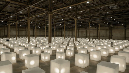 Industrial warehouse luminous white cubes installation bathed in ethereal light