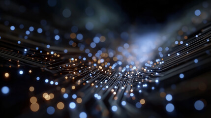 Digital Network Brilliance: An artistic macro shot of a complex network of fiber optic cables and glowing particles, suggesting the interconnectedness of information in the digital age.