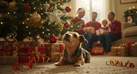 Dog looking up at christmas tree with family in background celebrating the holiday season together