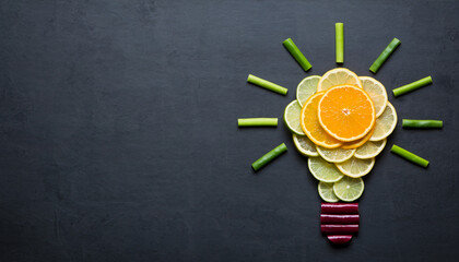 A creative light bulb made from fresh fruits, symbolizing innovation, ideas, and healthy eating against a dark background.