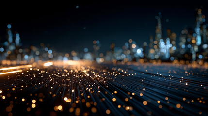 City Lights: Abstract cityscape comes alive with dynamic light trails, representing the modern urban landscape. The scene showcases the vibrancy and energy of the city at night. 