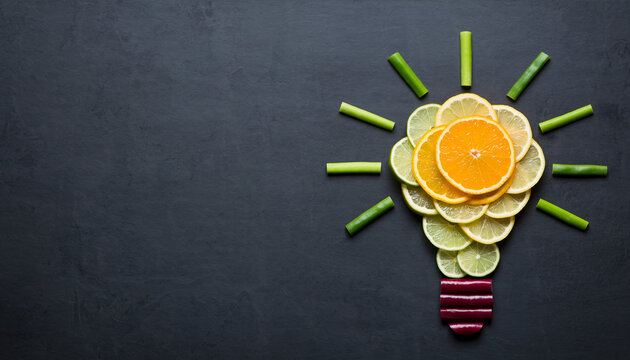 A creative light bulb made from fresh fruits, symbolizing innovation, ideas, and healthy eating against a dark background.