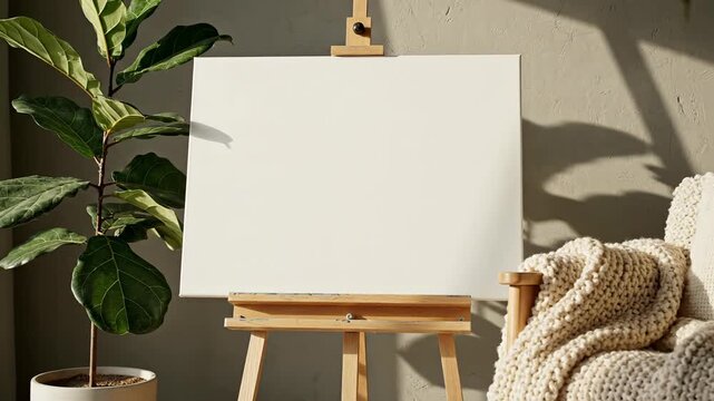Blank canvas on easel with plant and cozy blanket near window warm light