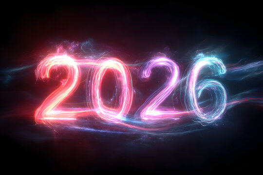 Glowing neon 2026 typography with swirling pink, purple, and blue light trails on a dark background — dynamic, futuristic celebration of the new year. generative ai