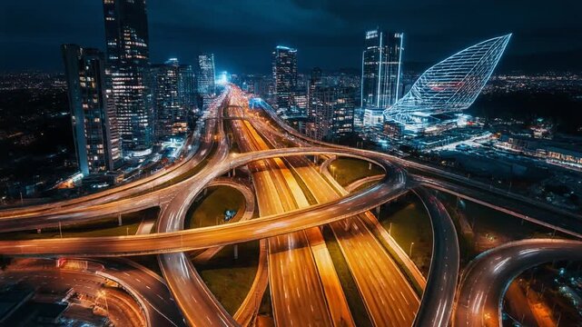 Aerial view of a futuristic city at night featuring a complex multi-level highway interchange with glowing traffic light trails and modern illuminated skyscrapers.