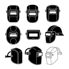 Welding safety icons featuring multiple helmet views including front, side, and angled protective mask perspectives.